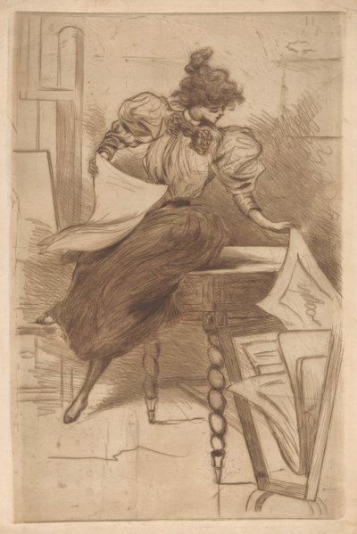 Femme regardant des estampes dans un présentoir - Henri Boutet (possibly)