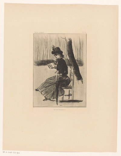 Femme avec un livre et un parapluie sur une chaise dehors - Henri Boutet