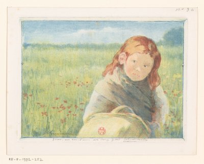 Fille avec panier dans un pré fleuri - Henri Charles Guérard (signed by artist)