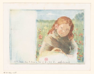 Fille avec panier dans une prairie fleurie - Henri Charles Guérard (signed by artist)