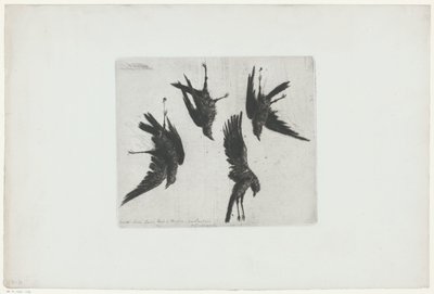 Quatre corbeaux morts suspendus à un mur - Henri Charles Guérard (signed by artist)