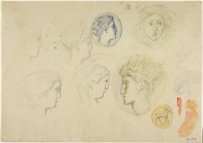 Esquisses : Têtes de profil, pièces ou médailles (recto) ; Arbres (verso) - Henri Cros