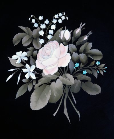 Détail du dessus en ardoise avec incrustations de pierres semi-précieuses en forme de bouquet de fleurs de style Louis XVI Second Empire (Napoléon III), guéridon signé par Henri Dasson (1825-1896), France, seconde moitié du XIXe siècle - Henri Dasson
