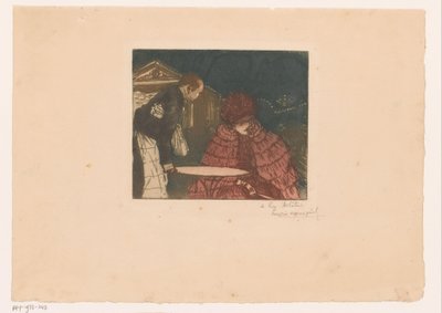 Femme sur une terrasse avec serveur - Henri Evenepoel (signed by artist)