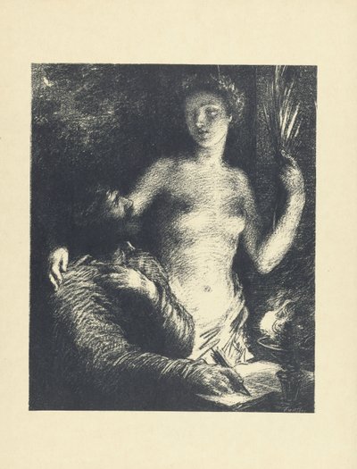 Homme assis avec un stylo à la main et un livre ouvert, et à côté de lui une femme nue comme muse ou inspiration (Inspiration) (série L