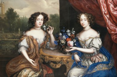 Double portrait de Lady Maria Somalia et Lady Anne Barrington, assises trois-quarts de longueur à une table avec un vase de fleurs - Henri Gascard