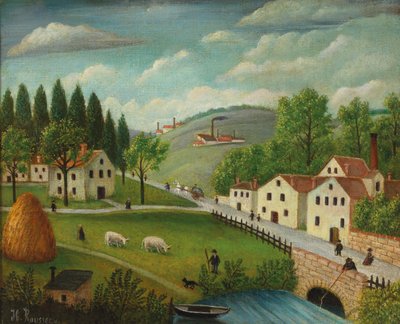 Paysage pastoral avec ruisseau, pêcheur et promeneurs, c. 1875-80 - Henri J.F. Rousseau