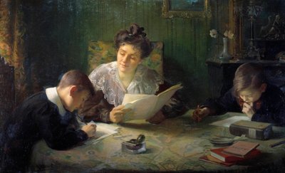 Devoirs Une mère aide ses enfants à faire leurs devoirs - Henri Jamet