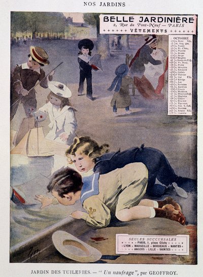 Enfants jouant aux bateaux au Jardin des Tuileries par Jean Geoffroy, calendrier «Belle Jardinière», série «Nos Jardins», octobre, n.d. vers 1900 - Henri Jules Jean Geoffroy