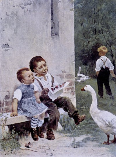 Éducation : enfants lisant et oie les regardant - ill. par Geoffroy, dans "Figaro Illustré", mai 1901 - Henri Jules Jean Geoffroy
