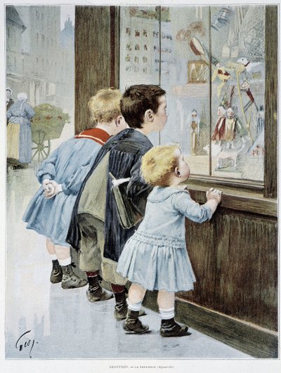La Tentation : Enfants devant une vitrine regardant des jouets - ill. par Geoffroy, dans « Figaro illustré » - Henri Jules Jean Geoffroy