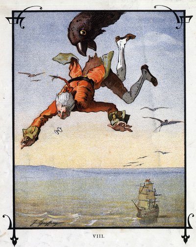 Lemuel Gulliver est emporté par un aigle. Illustration pour « Les Voyages de Gulliver » par Jonathan Swift - Henri Jules Jean Geoffroy
