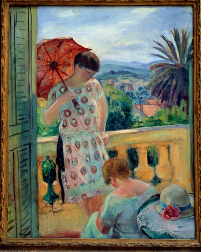 Deux femmes sur un balcon, vue sur l