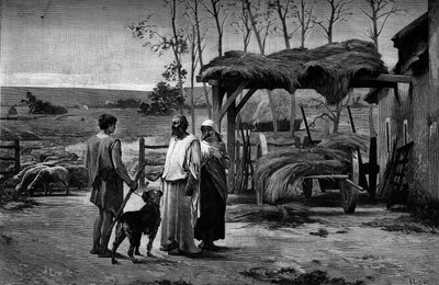 Scène biblique : "Jacob chez Laban." Gravure d