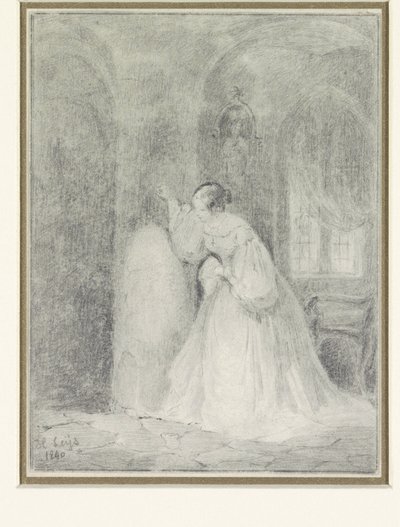 Intérieur avec jeune femme appuyée contre une colonne - Henri Leys (baron)