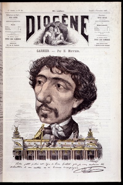 Caricature de Charles Garnier, assis sur son œuvre, l