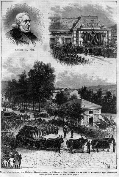 Mort de Léon Gambetta (1838-1882) homme politique français - Les obsèques de Léon Gambetta à Nice - la gare de Nice - départ du cortège - dans "Le journal illustré" de 1883 - Dessin de Henri Meyer (1844-1899) - Henri Meyer