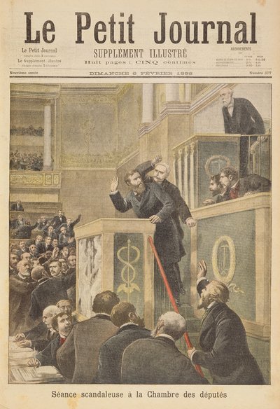 Page de titre représentant la réunion scandaleuse de la Chambre des députés: Jean Jaurès attaqué par Bernis lors d