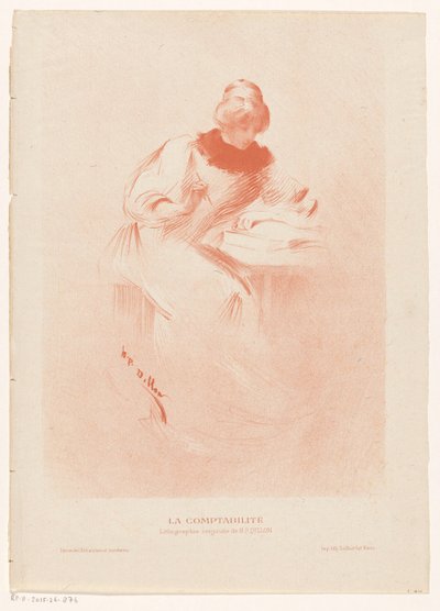 Femme derrière une table avec un livre ouvert, un stylo à la main - Henri Patrice Dillon