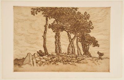 Alte Frau mit einem Bündel nahe einer Baumreihe - Henri Rivière