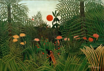 Forêt vierge au coucher du soleil. Black attaqué par un léopard - Henri Rousseau