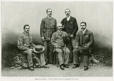 Portrait de Henry Morton Stanley (John Rowlands 1841-1904) entouré de ses officiers de gauche à droite : Dr. Thomas Heazle Parke (1857-93), Robert H. Nelson, William G. Stairs, et Arthur J. M. Jephson. Gravure de Thiriat, pour illustrer l