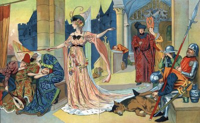 La fée ensorcelle les habitants du château avec sa baguette magique pour les garder endormis aussi longtemps que la princesse. « La belle au bois dormant », conte de Charles Perrault. Illustrations Henri Thiriet. Vers 1930 - Henri Thiriet