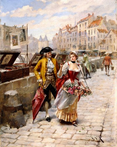 Gentleman et marchande de fleurs près des étals de livres par la Seine - Henri Victor Lesur