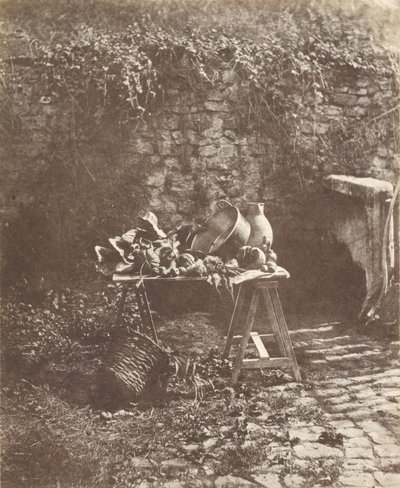 Nature morte - Chaudron, cruche et légumes sur une table à tréteaux - Henri Victor Regnault