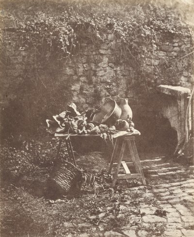 [Nature morte: Chaudron, cruche et légumes sur une table à tréteaux] - Henri Victor Regnault