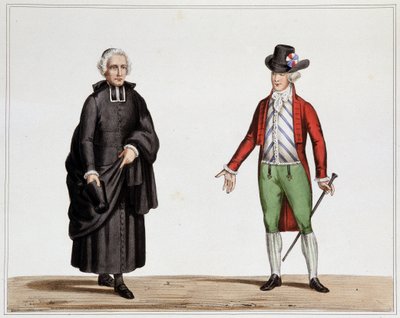 Un député du Clergé et un homme à la mode de septembre 1789 - Lithographie de Villain, de la Collection de costumes, armes et meubles pour servir dans l