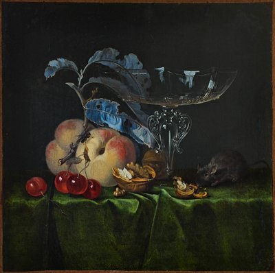 Nature morte avec pêches, noix, souris et verre à vin vénitien, 1661 - Henri de Fromantiou