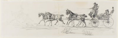 Carrosse tiré par des chevaux précédé d