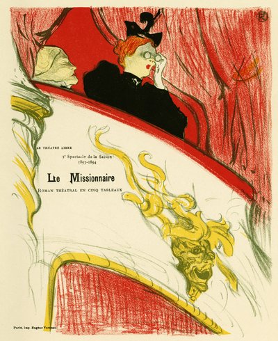 Une femme dans une loge de théâtre utilisant une paire de jumelles. Affiche pour Le Missionnaire, pièce de Marcel Luguet, représentée en 1893 au Théâtre Libre créé en 1887 par André Antoine (1858-1943), Illustration en lithographie par Henri de Toulouse-La - Henri de Toulouse Lautrec