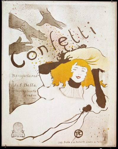 Confetti : des mains jettent des poignées de confettis sur une femme aux cheveux jaunes. Affiche de Henri de Toulouse-Lautrec (1864-1901). Dim. 0,54 x 0,39. 1893. Albi, Musée Toulouse-Lautrec - Henri de Toulouse Lautrec