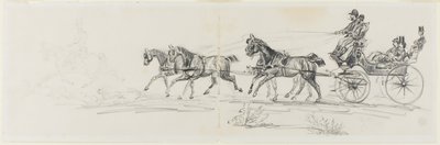 Carrosse tiré par des chevaux précédé d