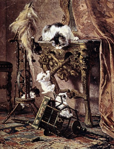 Un chat regarde ses chatons jouer - par Henriette Ronner - Henriëtte Ronner Knip