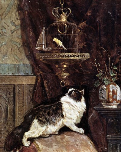 Chat espionnant un oiseau en cage - par Henriette Ronner - Henriëtte Ronner Knip