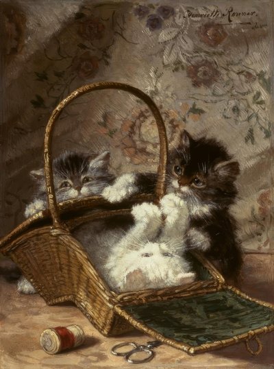 Jeunes chats avec un panier à couture - Henriëtte Ronner Knip