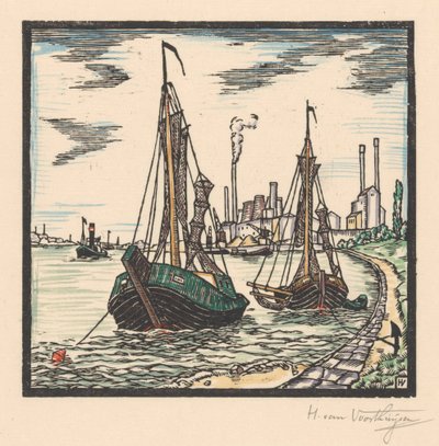 Bateaux de pêche amarrés - Henriëtte van Hove (signed by artist)