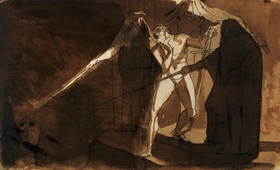 Macbeth et les trois sorcières lui montrant la tête armée - Johann Heinrich Füssli