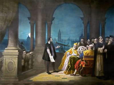 Galileo Galilei faisant la démonstration de son télescope à Leonardo Donato, doge de Venise et au Sénat vénitien en 1609, vers 1900 (lithographie) - Henry (after) Detouche