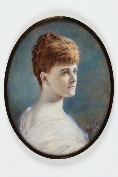 Une dame en robe blanche, probablement Frances Evelyn (Daisy) Greville, née Maynard, Lady Brooke, plus tard comtesse de Warwick - Henry (attr.to) Van der Weyde