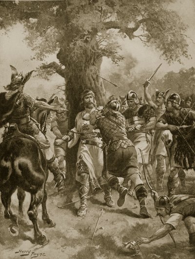 Saint Edmond tué par les Danois, 870 après J.-C., illustration de 