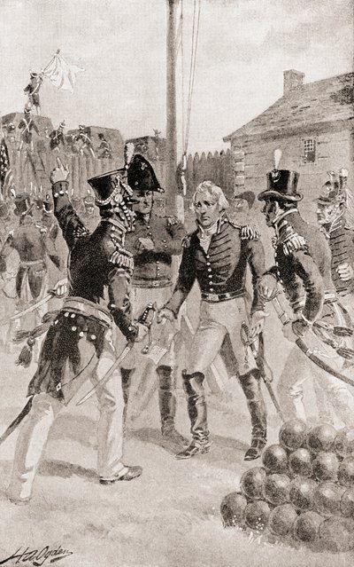 Le brigadier général William Hull se rend au fort et à la ville de Detroit, Michigan, Amérique pendant le siège de Detroit, tiré de L