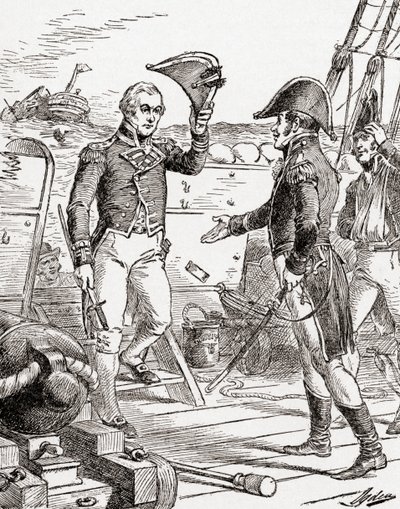 Le capitaine Dacres du HMS Guerriere se rend et offre son épée au capitaine Hull à bord de l