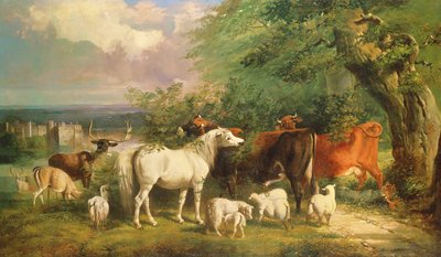 Haddon Hall avec moutons, bovins, un cerf et un poney - Henry Barraud