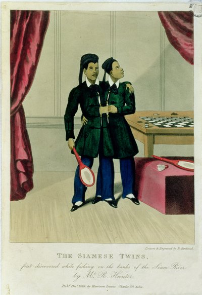 Les jumeaux siamois, découverts pour la première fois en pêchant sur les rives du fleuve Siam par M. R. Hunter, 1829 - Henry Berthoud