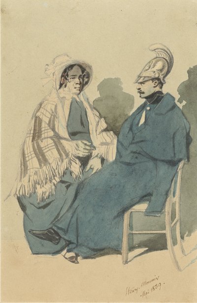 Cuirassier avec casque et manteau bleu, assis à côté d