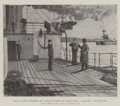 Sir E Satow reçu par le capitaine Burke à bord du HMS Orlando à Wusung - Henry Charles Seppings Wright